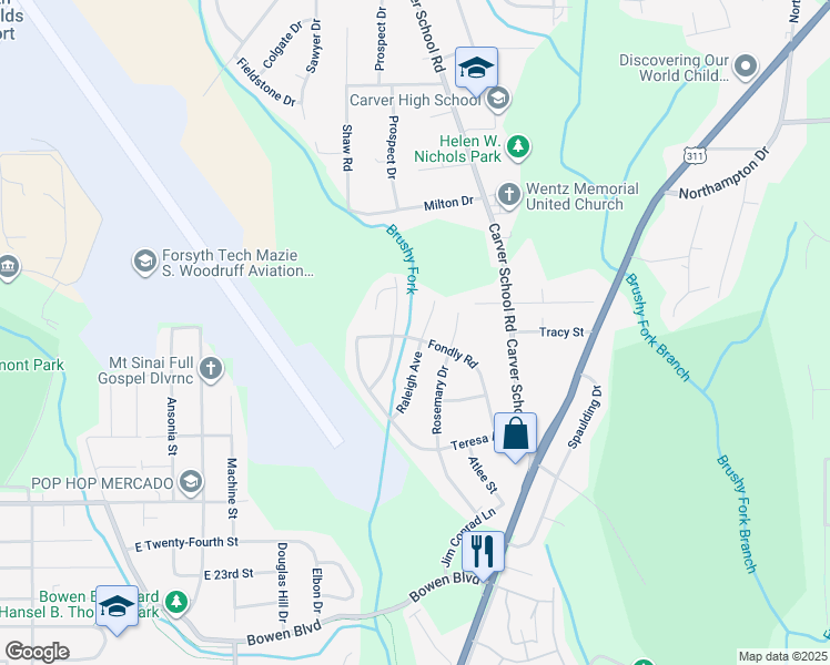 map of restaurants, bars, coffee shops, grocery stores, and more near 2915 Fondly Road in Winston-Salem