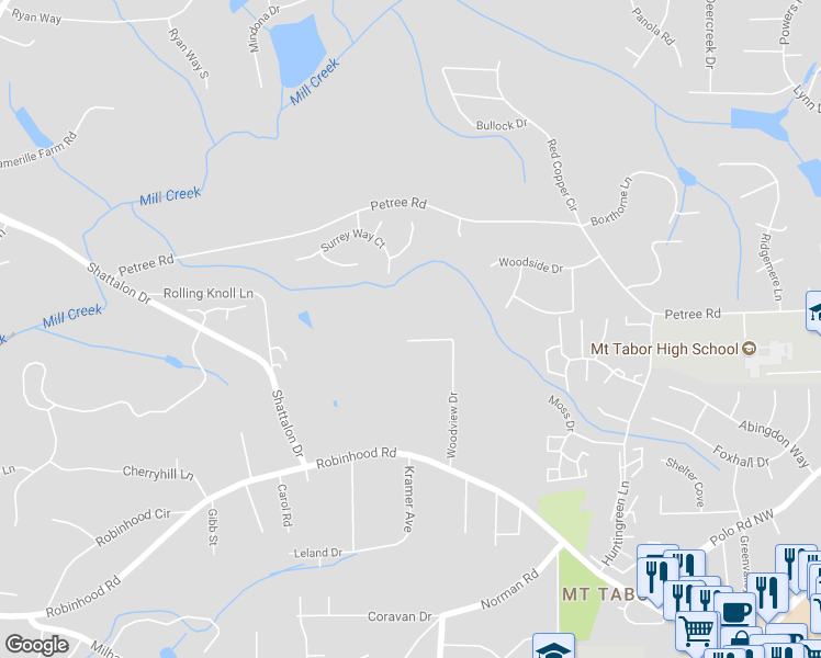 map of restaurants, bars, coffee shops, grocery stores, and more near 3915 Thorndale Drive in Winston-Salem