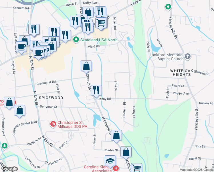 map of restaurants, bars, coffee shops, grocery stores, and more near 2611 Nana Lane in Greensboro