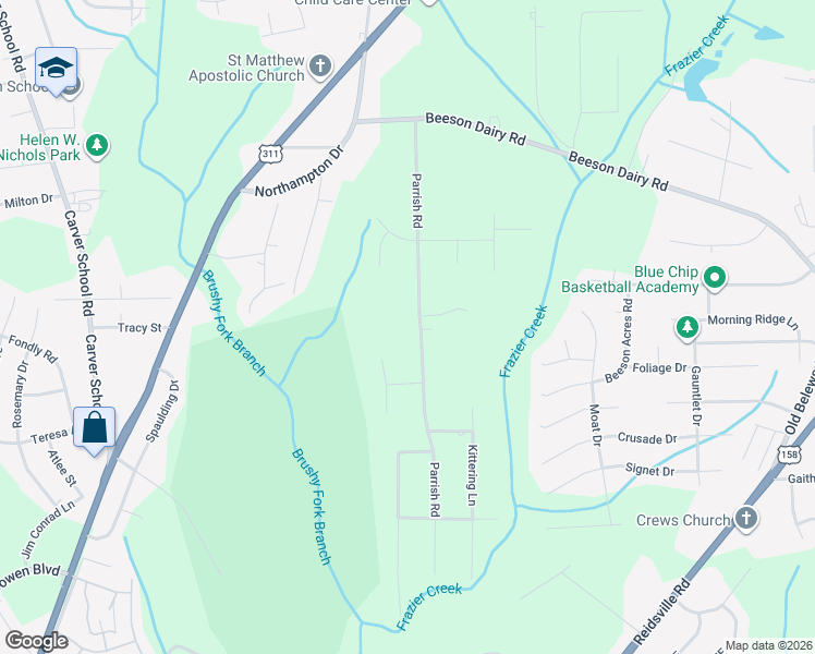 map of restaurants, bars, coffee shops, grocery stores, and more near 3425 Big Woods Road in Winston-Salem