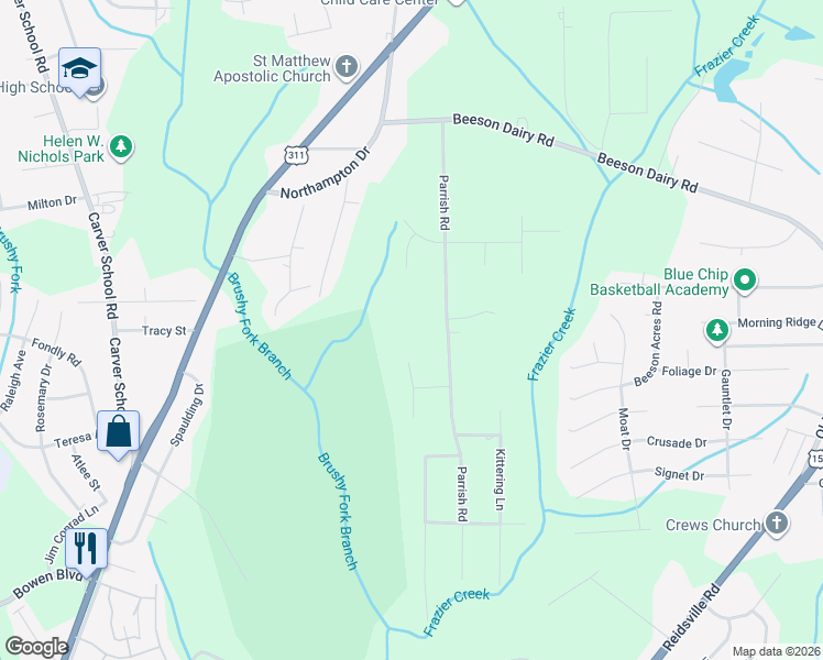 map of restaurants, bars, coffee shops, grocery stores, and more near 3425 Big Woods Road in Winston-Salem