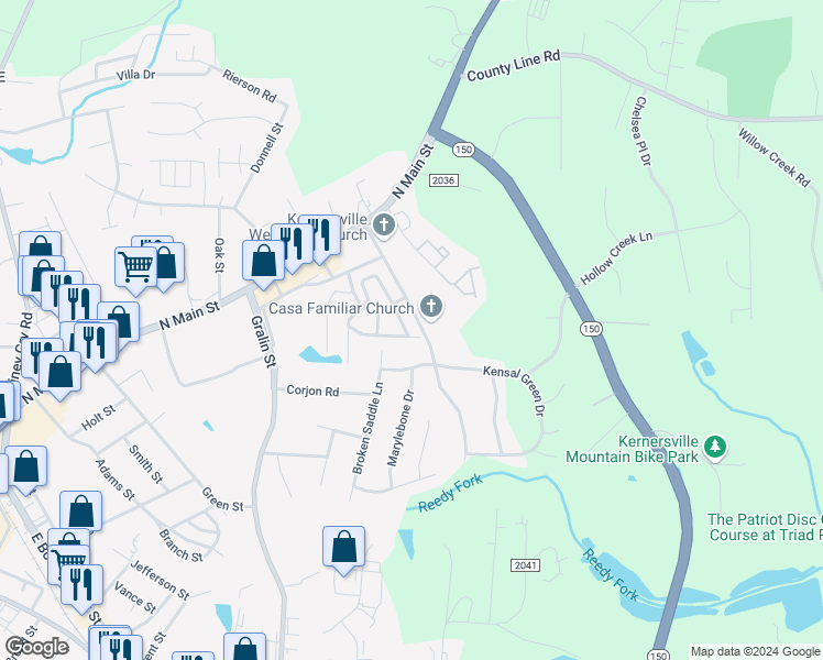 map of restaurants, bars, coffee shops, grocery stores, and more near 304 Chestnut Chase Trail in Kernersville