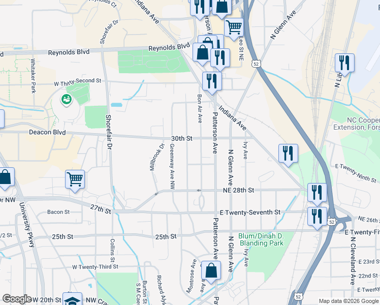 map of restaurants, bars, coffee shops, grocery stores, and more near 2921 Gilmer Avenue Northeast in Winston-Salem