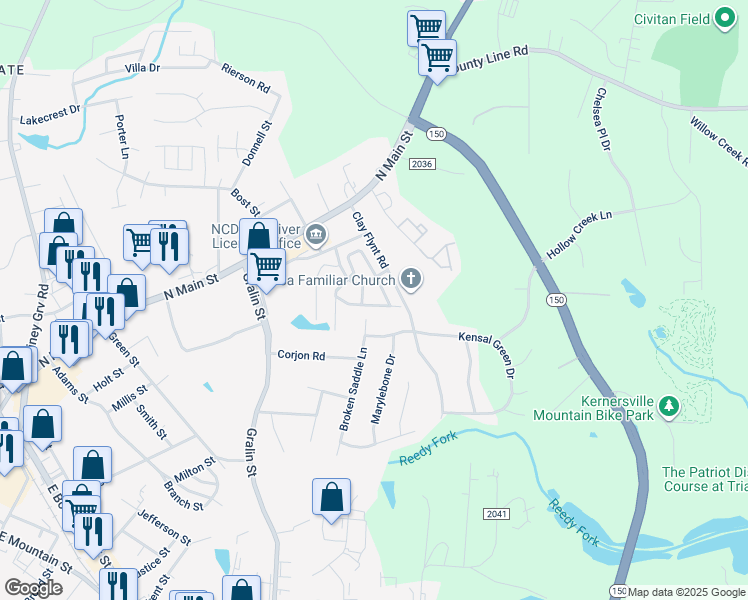 map of restaurants, bars, coffee shops, grocery stores, and more near 501 Campbell Gardens Road in Kernersville