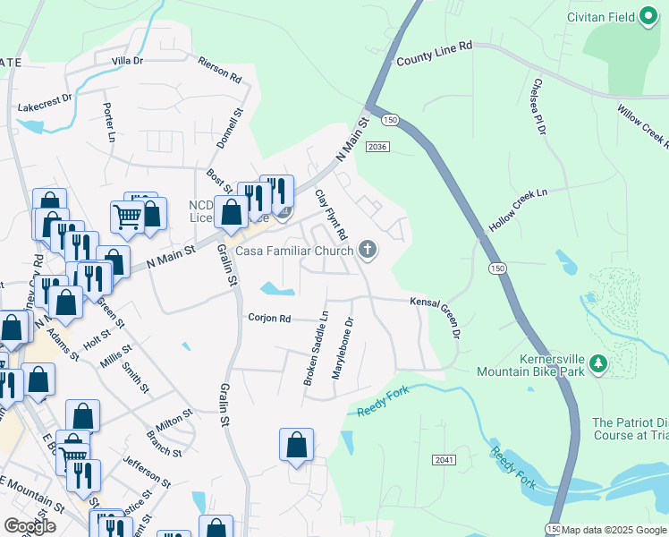 map of restaurants, bars, coffee shops, grocery stores, and more near 501 Campbell Gardens Road in Kernersville
