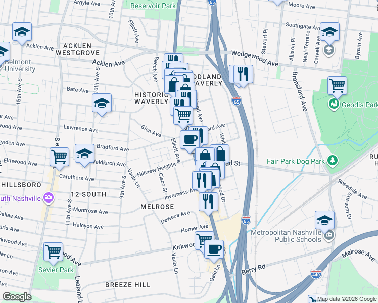 map of restaurants, bars, coffee shops, grocery stores, and more near 2309a Franklin Pike in Nashville