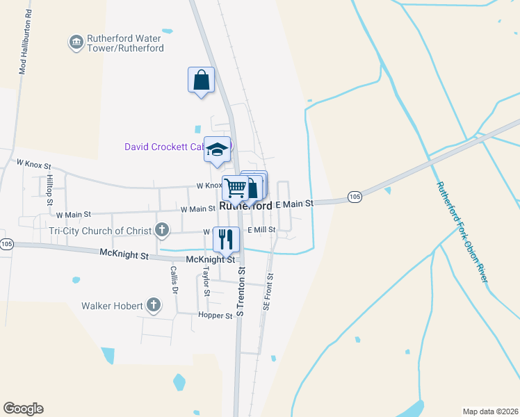 map of restaurants, bars, coffee shops, grocery stores, and more near E Main St in Rutherford