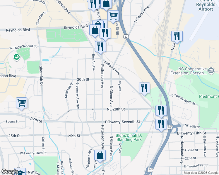map of restaurants, bars, coffee shops, grocery stores, and more near 2918 Glenn Avenue Northeast in Winston-Salem
