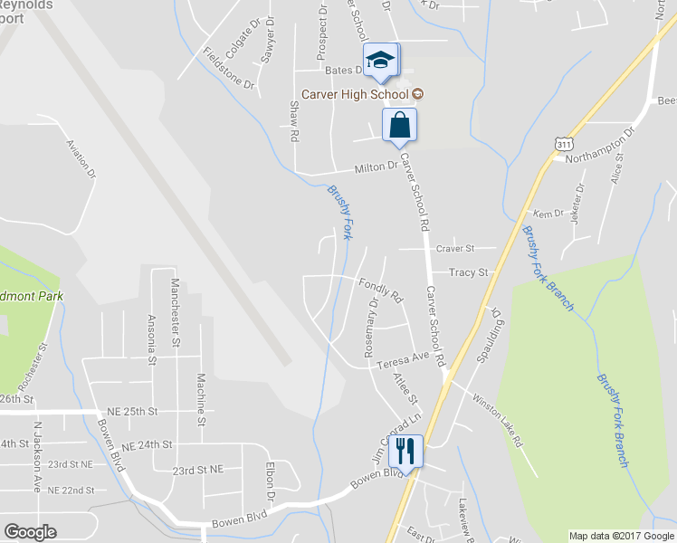 map of restaurants, bars, coffee shops, grocery stores, and more near 2915 Fondly Road in Winston-Salem