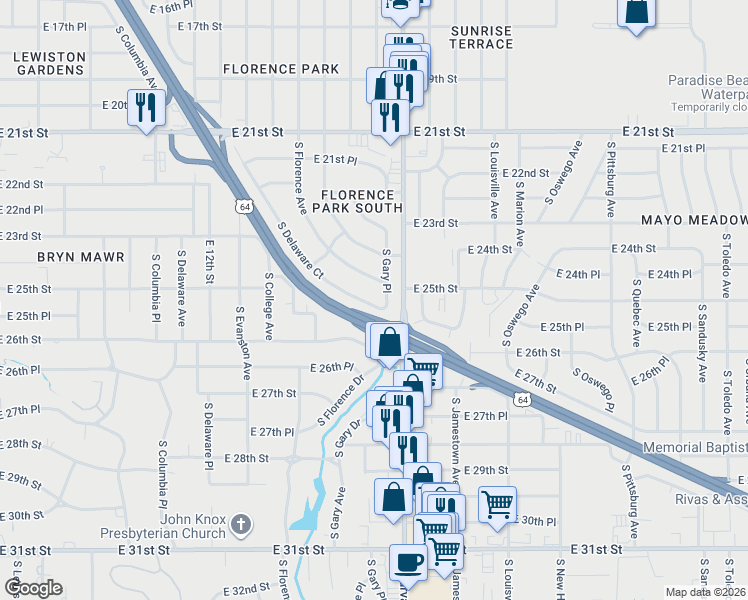 map of restaurants, bars, coffee shops, grocery stores, and more near 2371 South Delaware Court in Tulsa