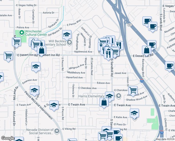 map of restaurants, bars, coffee shops, grocery stores, and more near 3422 Wayne Street in Las Vegas