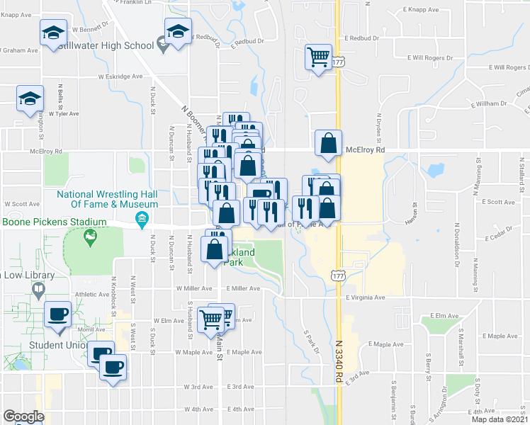 map of restaurants, bars, coffee shops, grocery stores, and more near 306 East Hall of Fame Avenue in Stillwater