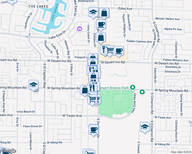 map of restaurants, bars, coffee shops, grocery stores, and more near 3477 South Durango Drive in Las Vegas