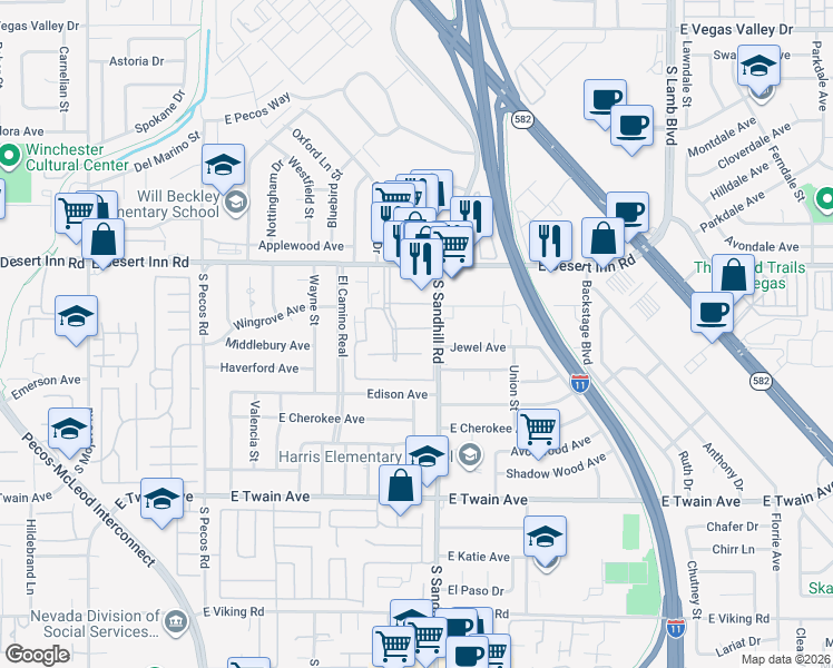 map of restaurants, bars, coffee shops, grocery stores, and more near 3769 Fairlawn Avenue in Las Vegas