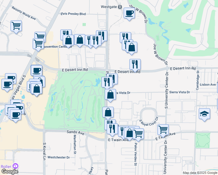 map of restaurants, bars, coffee shops, grocery stores, and more near 3400 Paradise Road in Las Vegas