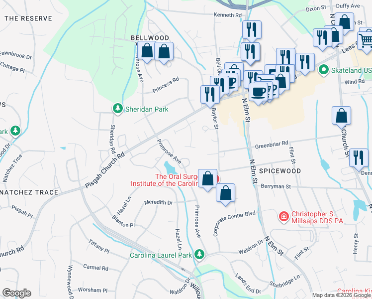 map of restaurants, bars, coffee shops, grocery stores, and more near 2 Finley Ridge Way in Greensboro