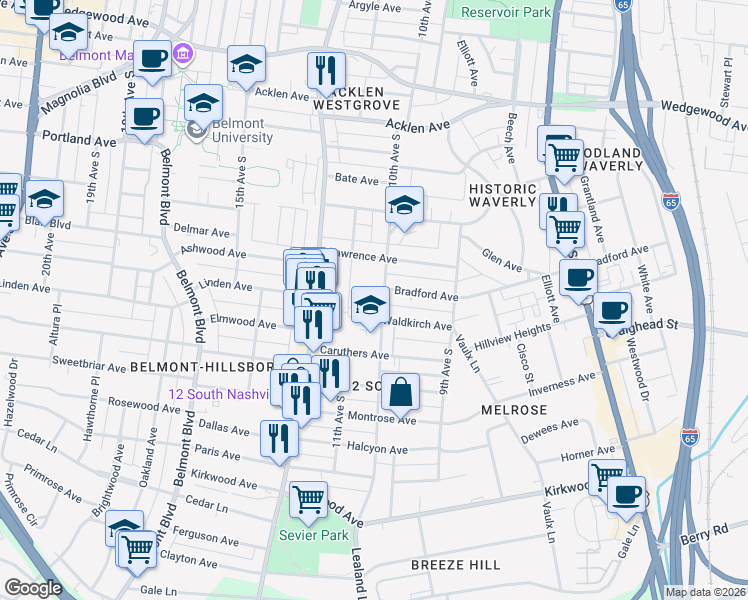 map of restaurants, bars, coffee shops, grocery stores, and more near 2221 10th Avenue South in Nashville