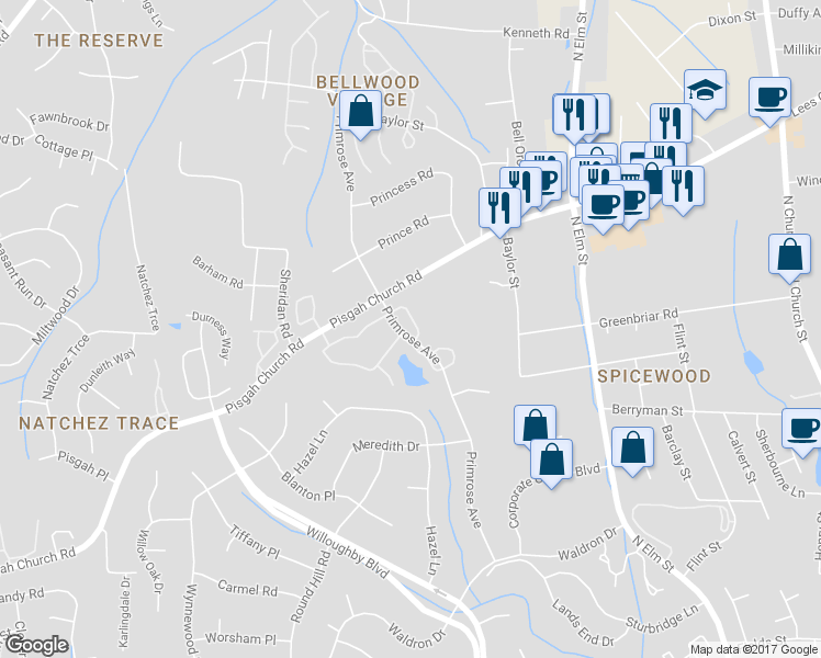 map of restaurants, bars, coffee shops, grocery stores, and more near 68 Park Village Lane in Greensboro
