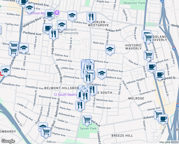 map of restaurants, bars, coffee shops, grocery stores, and more near 2220 12th Avenue South in Nashville