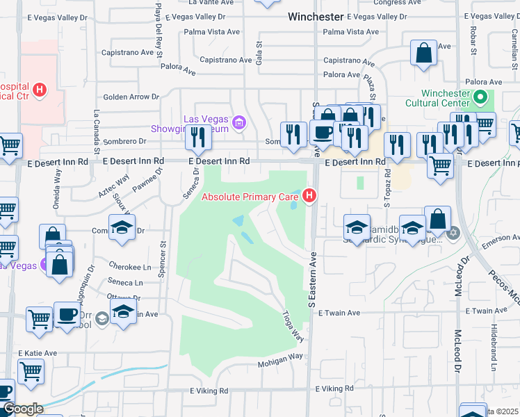 map of restaurants, bars, coffee shops, grocery stores, and more near 2160 Pueblo Circle in Las Vegas