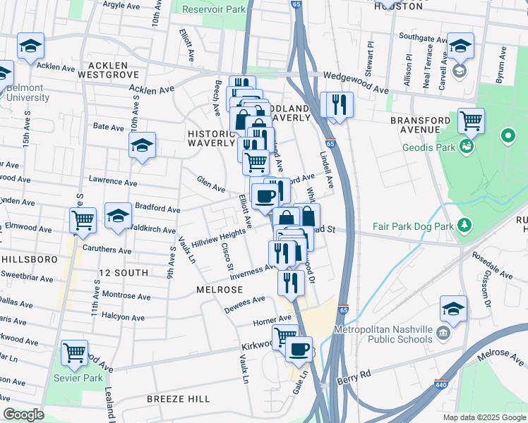 map of restaurants, bars, coffee shops, grocery stores, and more near 2309a Franklin Pike in Nashville