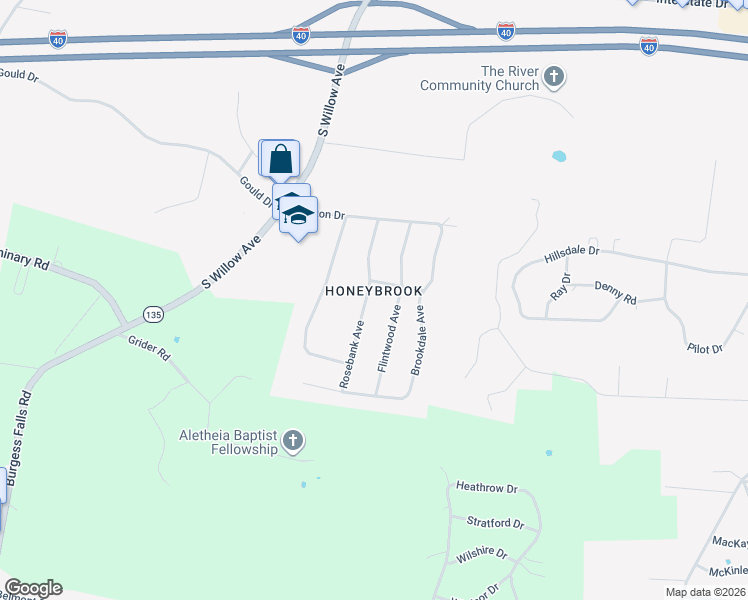map of restaurants, bars, coffee shops, grocery stores, and more near 1586 Rosebank Avenue in Cookeville