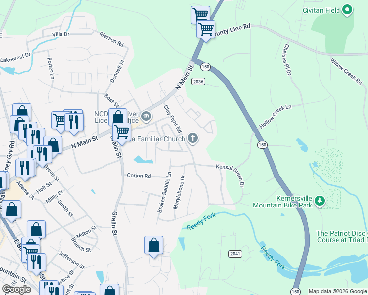 map of restaurants, bars, coffee shops, grocery stores, and more near 303 Chestnut Chase Trail in Kernersville