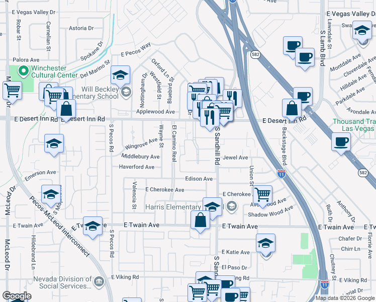 map of restaurants, bars, coffee shops, grocery stores, and more near 3429 Townhouse Drive in Las Vegas