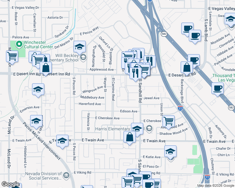 map of restaurants, bars, coffee shops, grocery stores, and more near 3429 West Townhouse Drive in Las Vegas