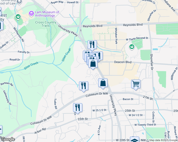 map of restaurants, bars, coffee shops, grocery stores, and more near 2820 University Parkway in Winston-Salem