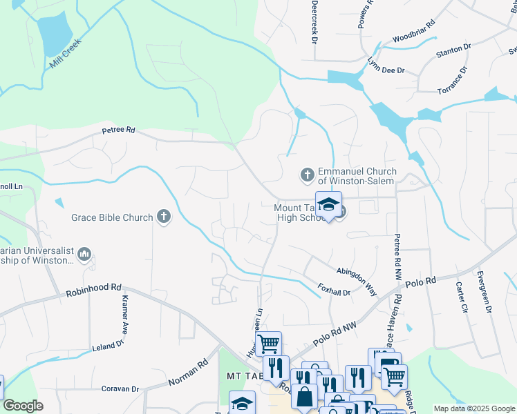 map of restaurants, bars, coffee shops, grocery stores, and more near 4060 Huntingreen Lane Northwest in Winston-Salem
