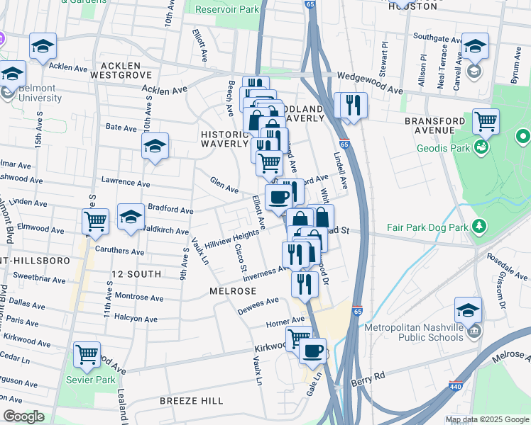 map of restaurants, bars, coffee shops, grocery stores, and more near 2309a Franklin Pike in Nashville