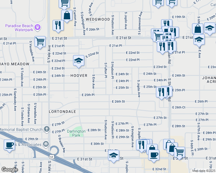 map of restaurants, bars, coffee shops, grocery stores, and more near 5703 East 25th Street in Tulsa