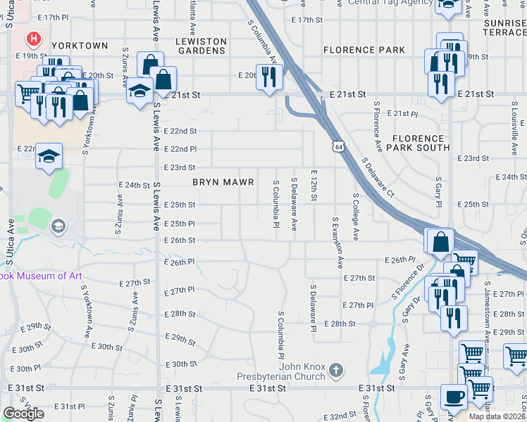 map of restaurants, bars, coffee shops, grocery stores, and more near 2507 South Columbia Avenue in Tulsa