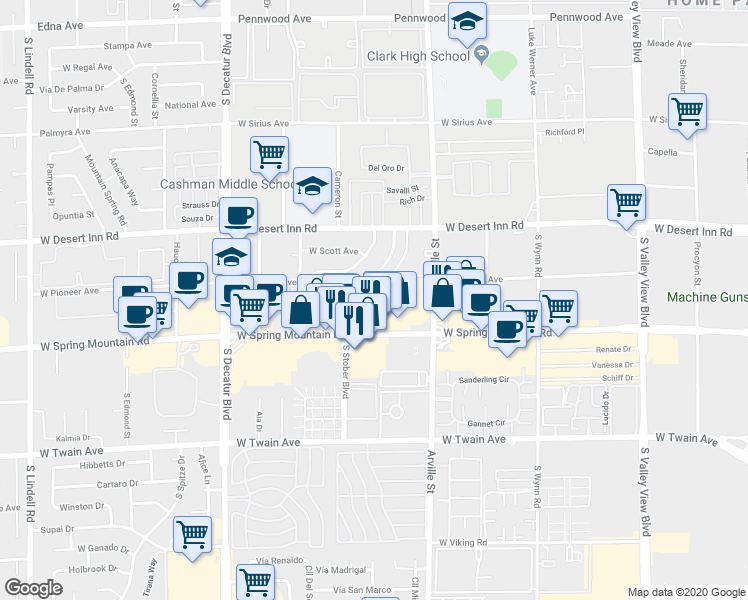 map of restaurants, bars, coffee shops, grocery stores, and more near 3438 South Eldon Street in Las Vegas