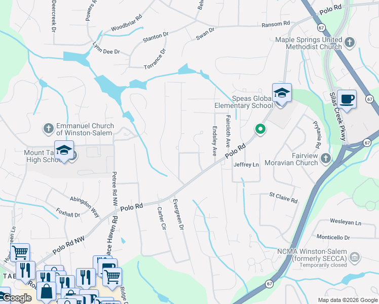 map of restaurants, bars, coffee shops, grocery stores, and more near 123 Tabor Street in Winston-Salem