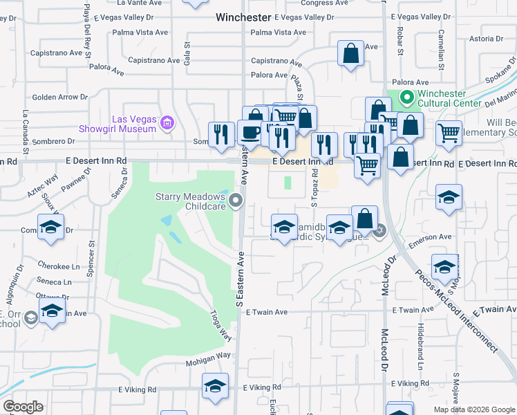 map of restaurants, bars, coffee shops, grocery stores, and more near 3422 Villa Hermosa Drive in Las Vegas
