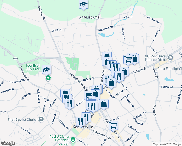 map of restaurants, bars, coffee shops, grocery stores, and more near 323 Nelson Street in Kernersville