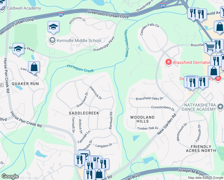 map of restaurants, bars, coffee shops, grocery stores, and more near 3308 Bardwell Road in Greensboro