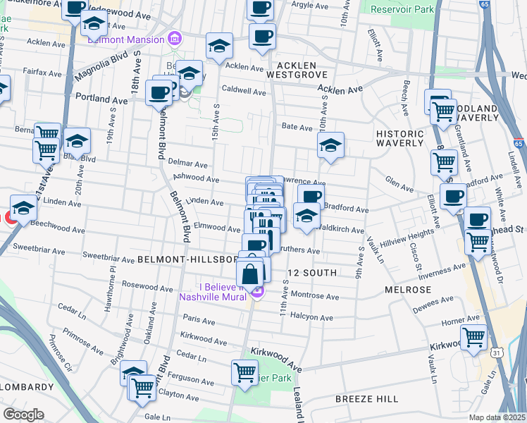 map of restaurants, bars, coffee shops, grocery stores, and more near 1209 Linden Avenue in Nashville