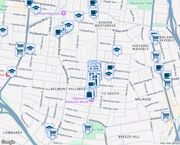 map of restaurants, bars, coffee shops, grocery stores, and more near 1209 Linden Avenue in Nashville