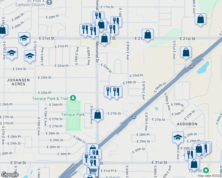 map of restaurants, bars, coffee shops, grocery stores, and more near 2425 South 83rd East Avenue in Tulsa