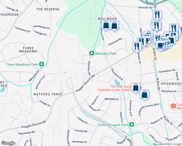 map of restaurants, bars, coffee shops, grocery stores, and more near 170 Wesley Harris Circle in Greensboro