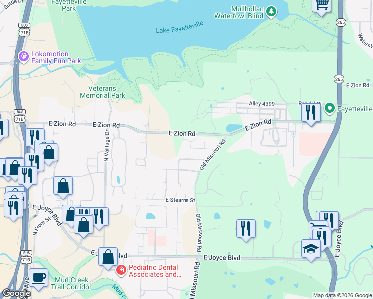 map of restaurants, bars, coffee shops, grocery stores, and more near 2147 East Cinnamon Way in Fayetteville