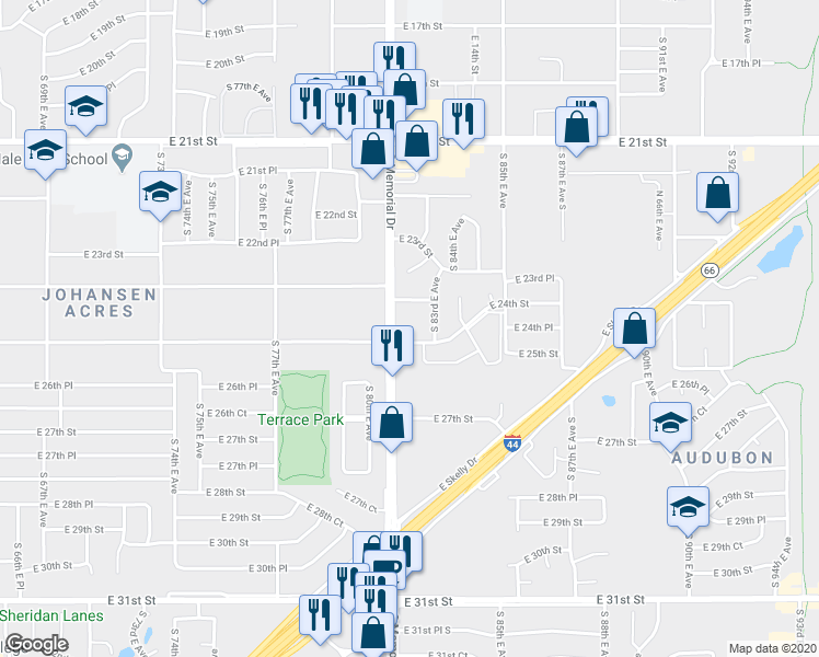 map of restaurants, bars, coffee shops, grocery stores, and more near 2425 South Memorial Drive in Tulsa