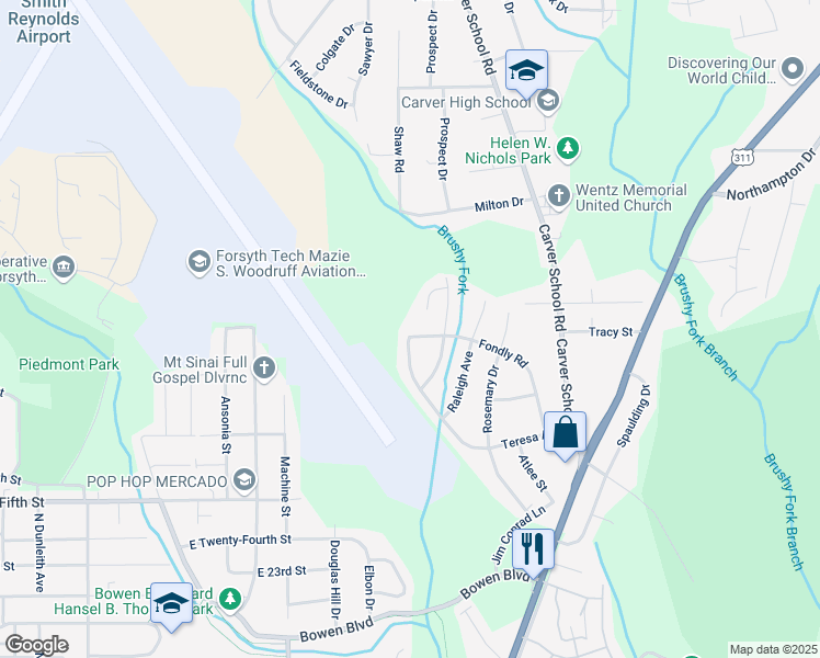 map of restaurants, bars, coffee shops, grocery stores, and more near 3017 Fondly Road in Winston-Salem