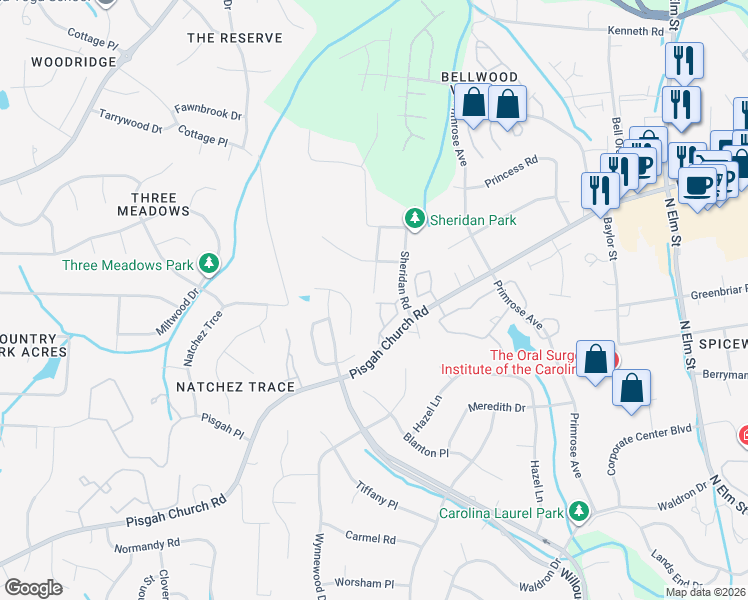 map of restaurants, bars, coffee shops, grocery stores, and more near 22 Dunlevy Way in Greensboro