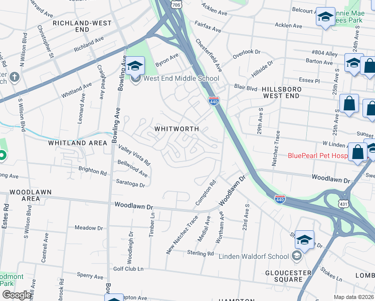 map of restaurants, bars, coffee shops, grocery stores, and more near 88 Victoria Park in Nashville