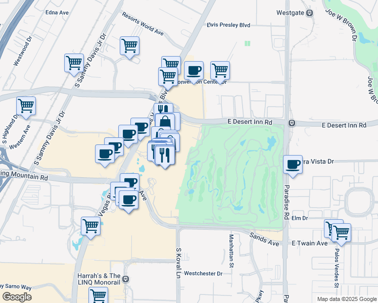 map of restaurants, bars, coffee shops, grocery stores, and more near 245-399 E Desert Inn Rd in Las Vegas