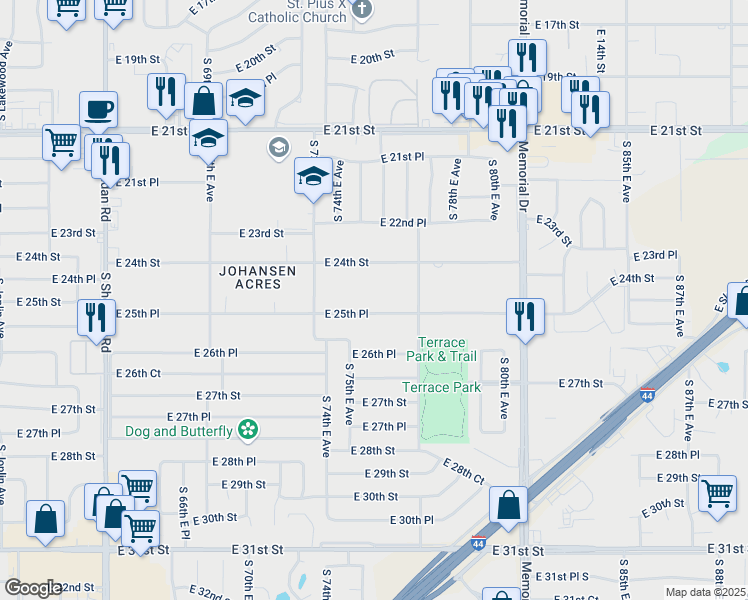 map of restaurants, bars, coffee shops, grocery stores, and more near 7347 East 25th Place in Tulsa